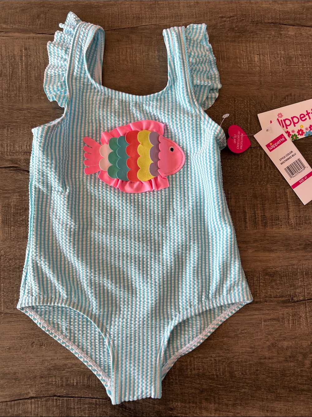 Wippette Girls Blue Stripe One-Piece Swimsuit with Colorful Fish Applique